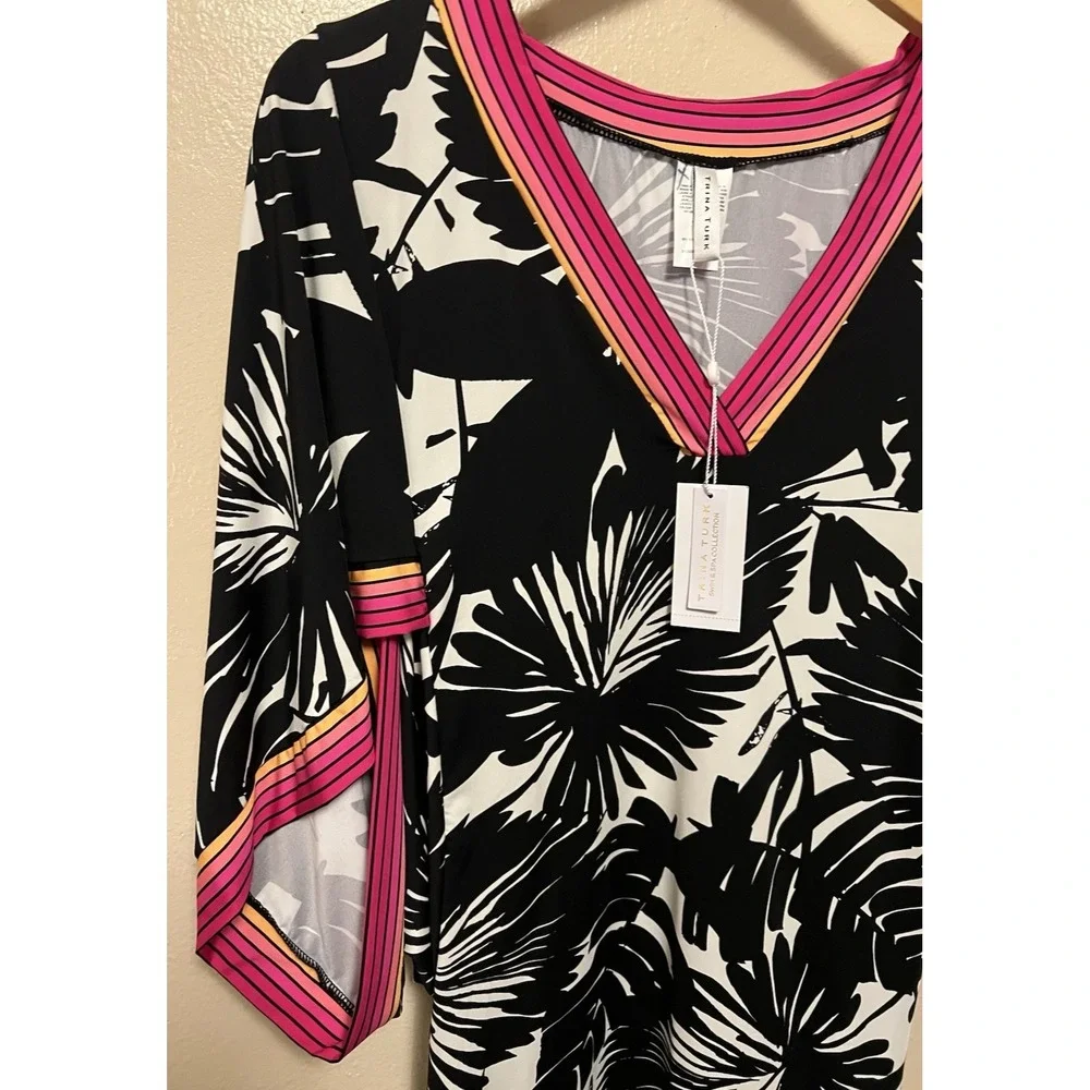 Trina Turk Lennox Swim Cover Up Beach Resort Tunic Dress Black White Pink Size M